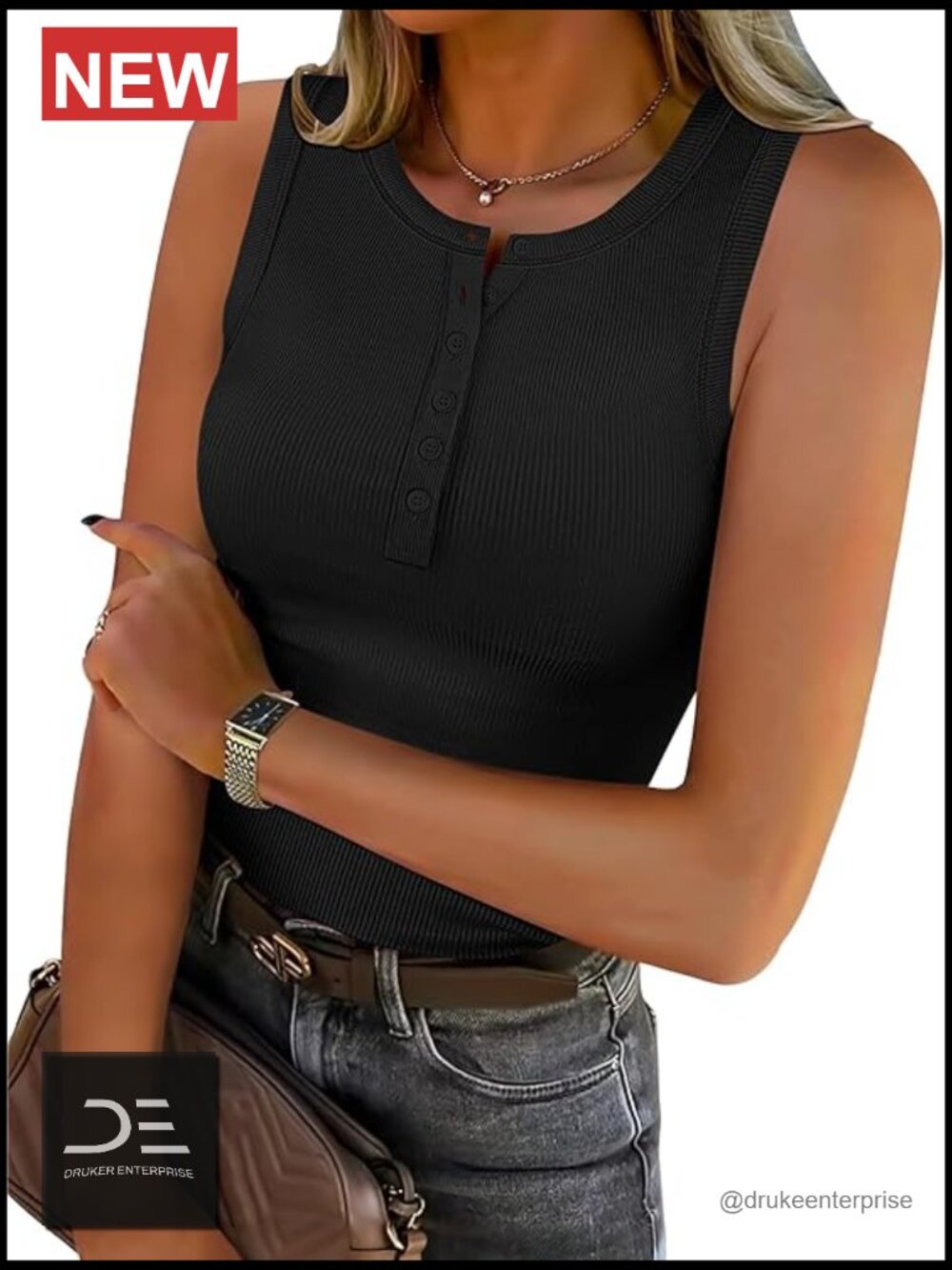Sleeveless Henley High Neck Ribbed Tank Top - Summer Casual Slim Fit